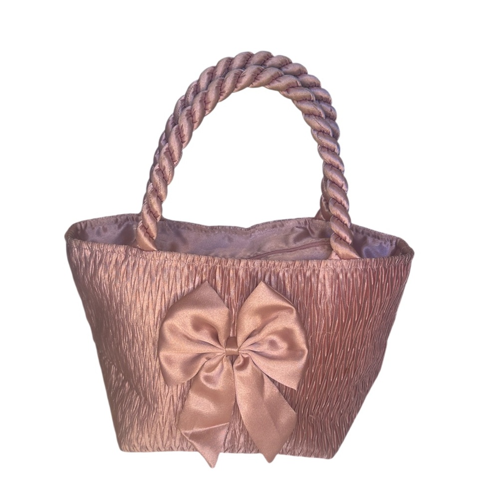 Vintage NaRaYa Pink Pleated Satin Trapeze Handbag Braided Rope Handles & Bow